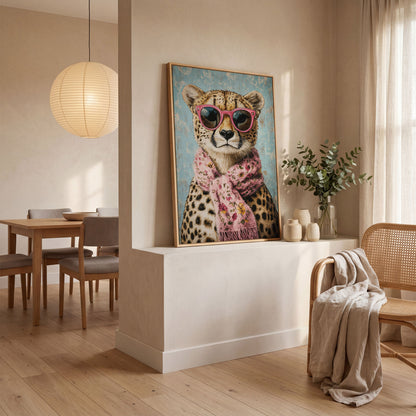 Cheetah with Pink Scarf & Sunglasses Canvas in white oak floating frame