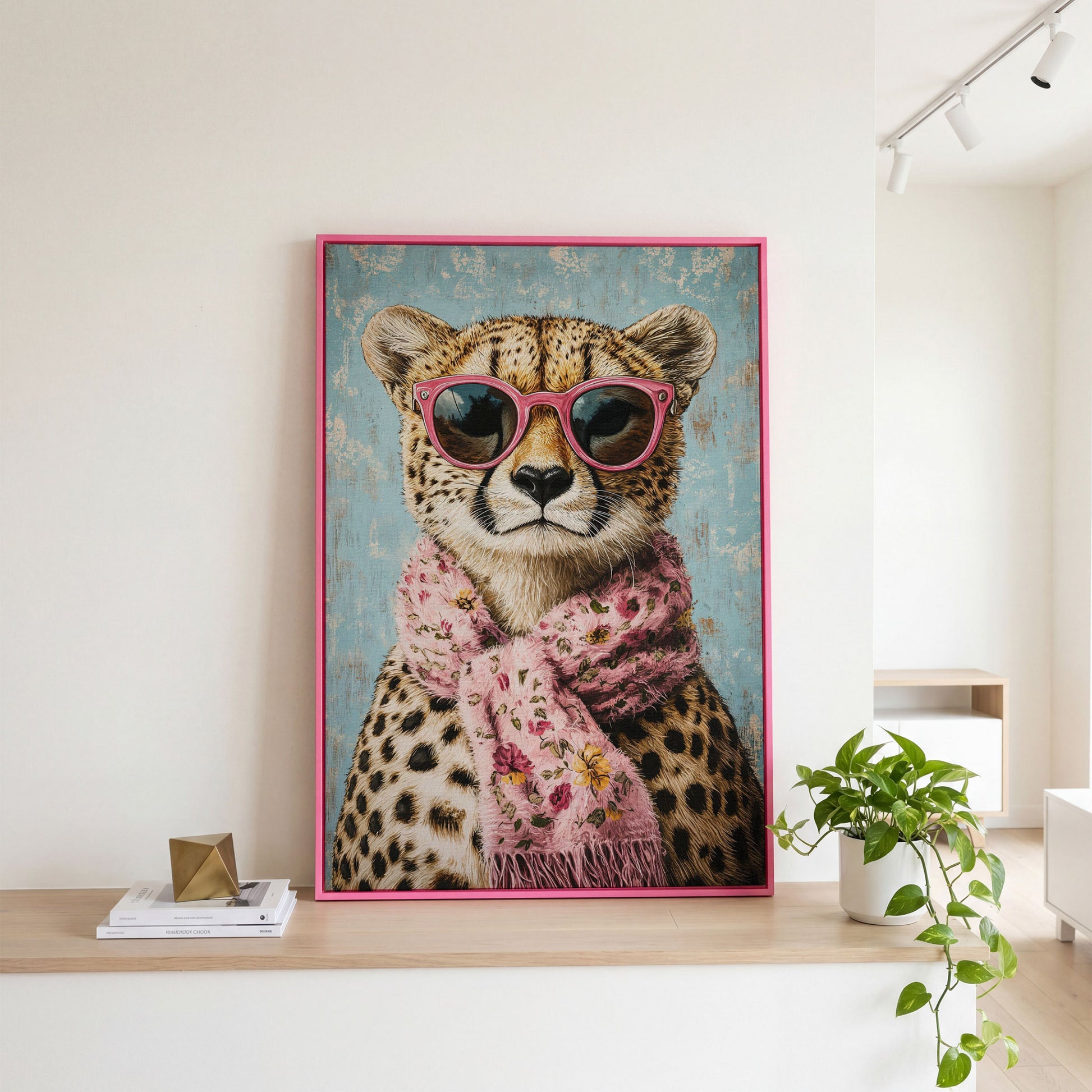 Cheetah with Pink Scarf & Sunglasses Canvas in pink floating frame