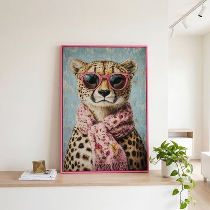 Cheetah with Pink Scarf & Sunglasses Canvas in pink floating frame