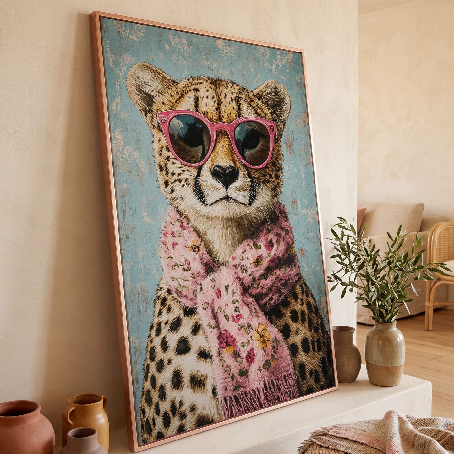 Cheetah with Pink Scarf & Sunglasses Canvas in rose gold floating frame