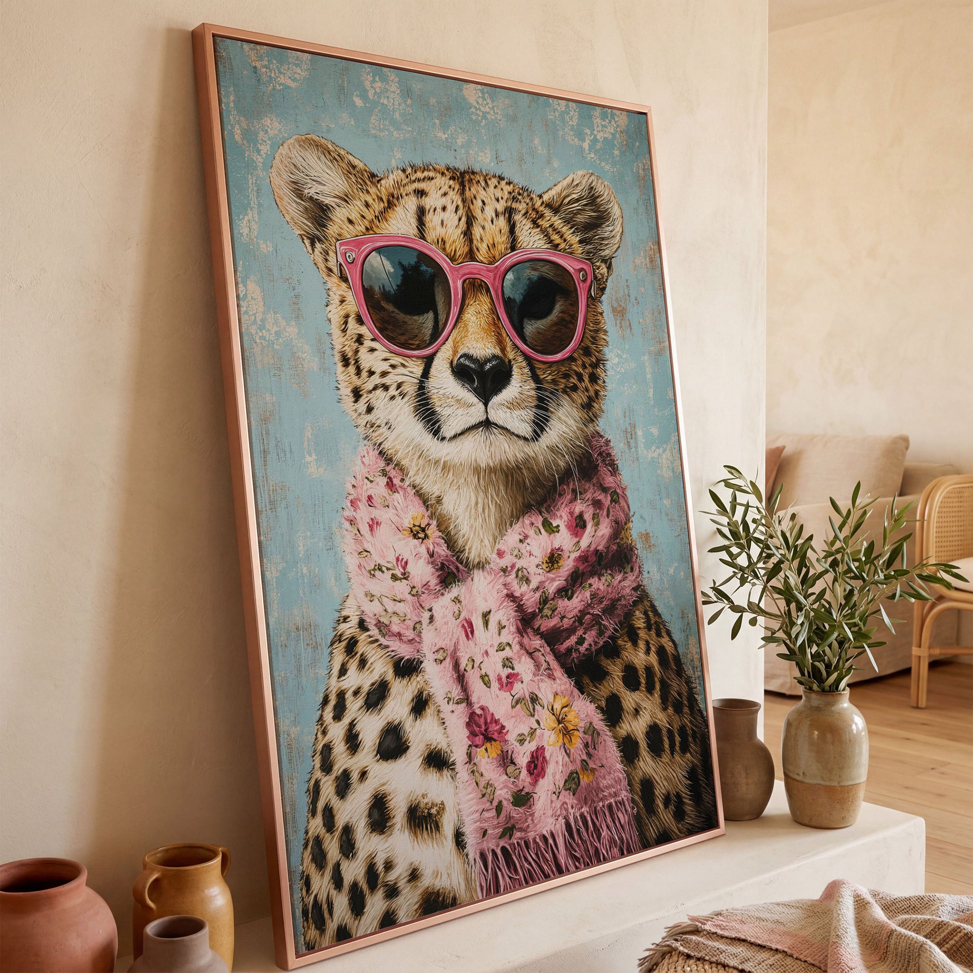 Cheetah with Pink Scarf & Sunglasses Canvas in rose gold floating frame