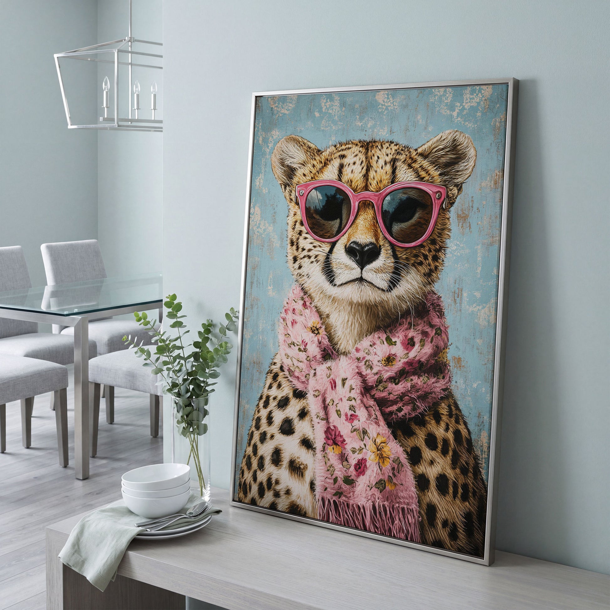 Cheetah with Pink Scarf & Sunglasses Canvas in silver floating frame
