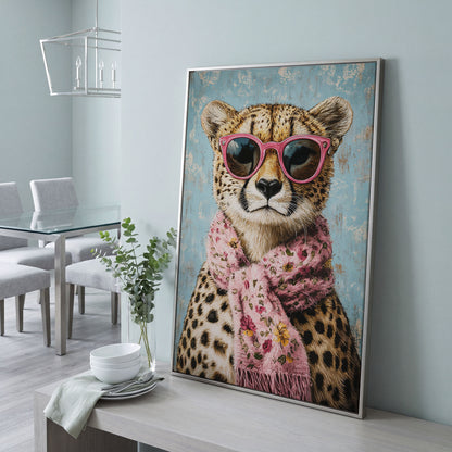 Cheetah with Pink Scarf & Sunglasses Canvas in silver floating frame