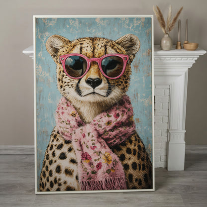 Cheetah with Pink Scarf & Sunglasses Canvas in white floating frame