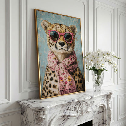 Cheetah with Pink Scarf & Sunglasses Canvas in yellow gold floating frame