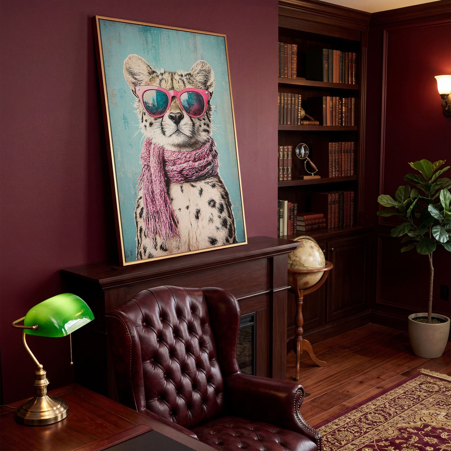 Chic Cheetah with Sunglasses Canvas Print in antique gold floating frame