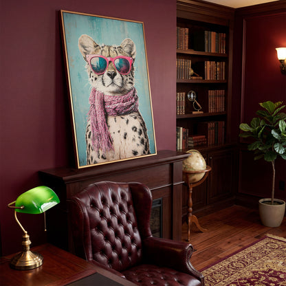 Chic Cheetah with Sunglasses Canvas Print in antique gold floating frame