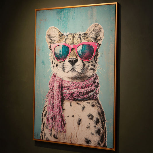 Chic Cheetah with Sunglasses Canvas Print shown in antique gold floating frame