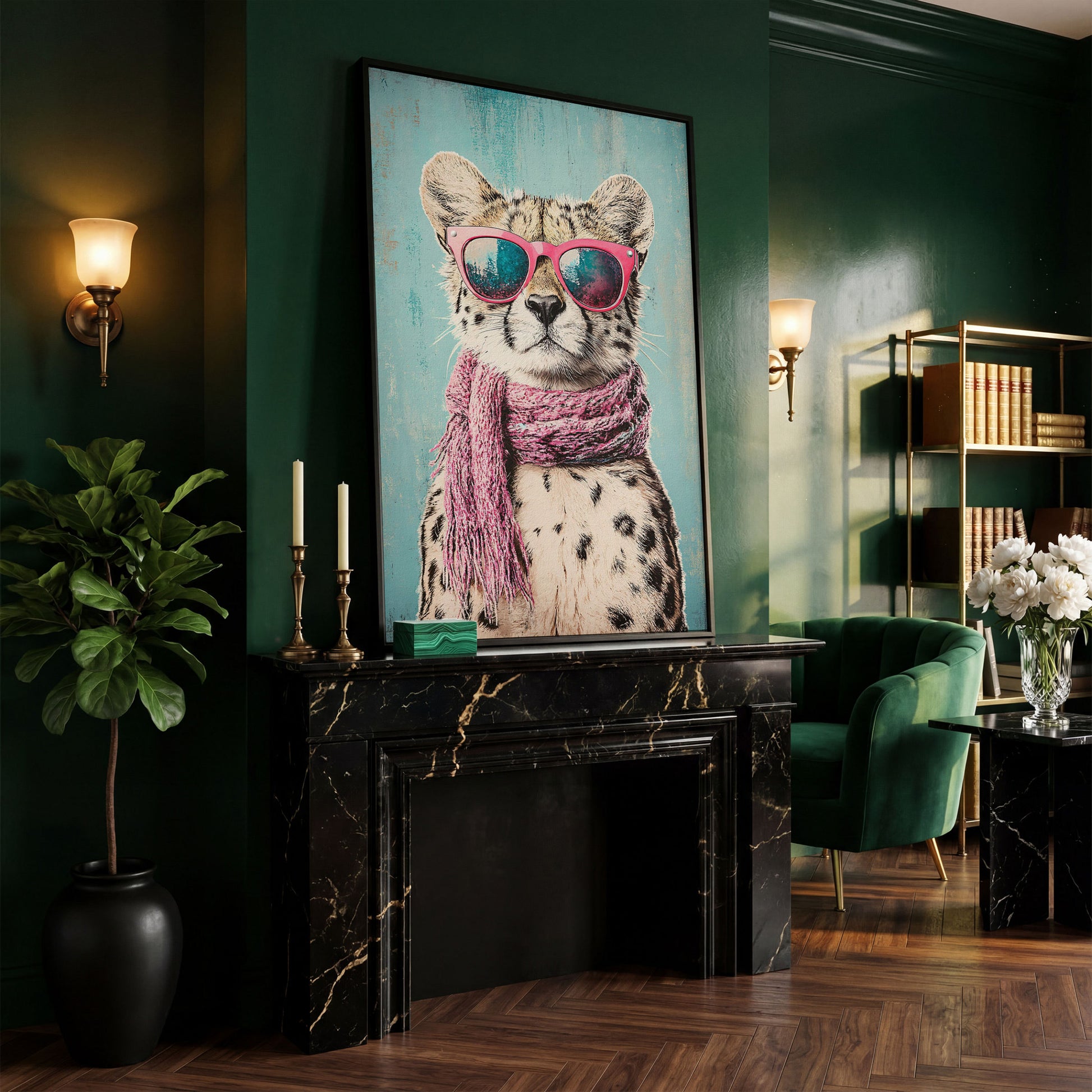 Chic Cheetah with Sunglasses Canvas Print in black floating frame