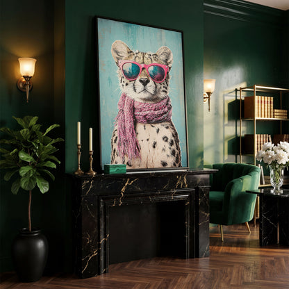 Chic Cheetah with Sunglasses Canvas Print in black floating frame