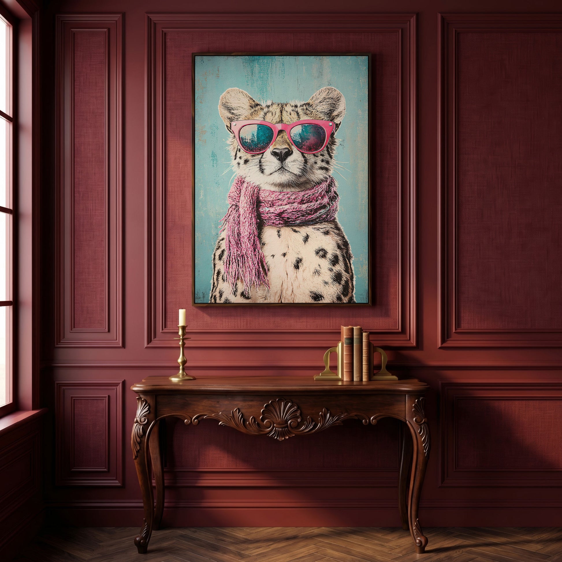 Chic Cheetah with Sunglasses Canvas Print in dark walnut floating frame