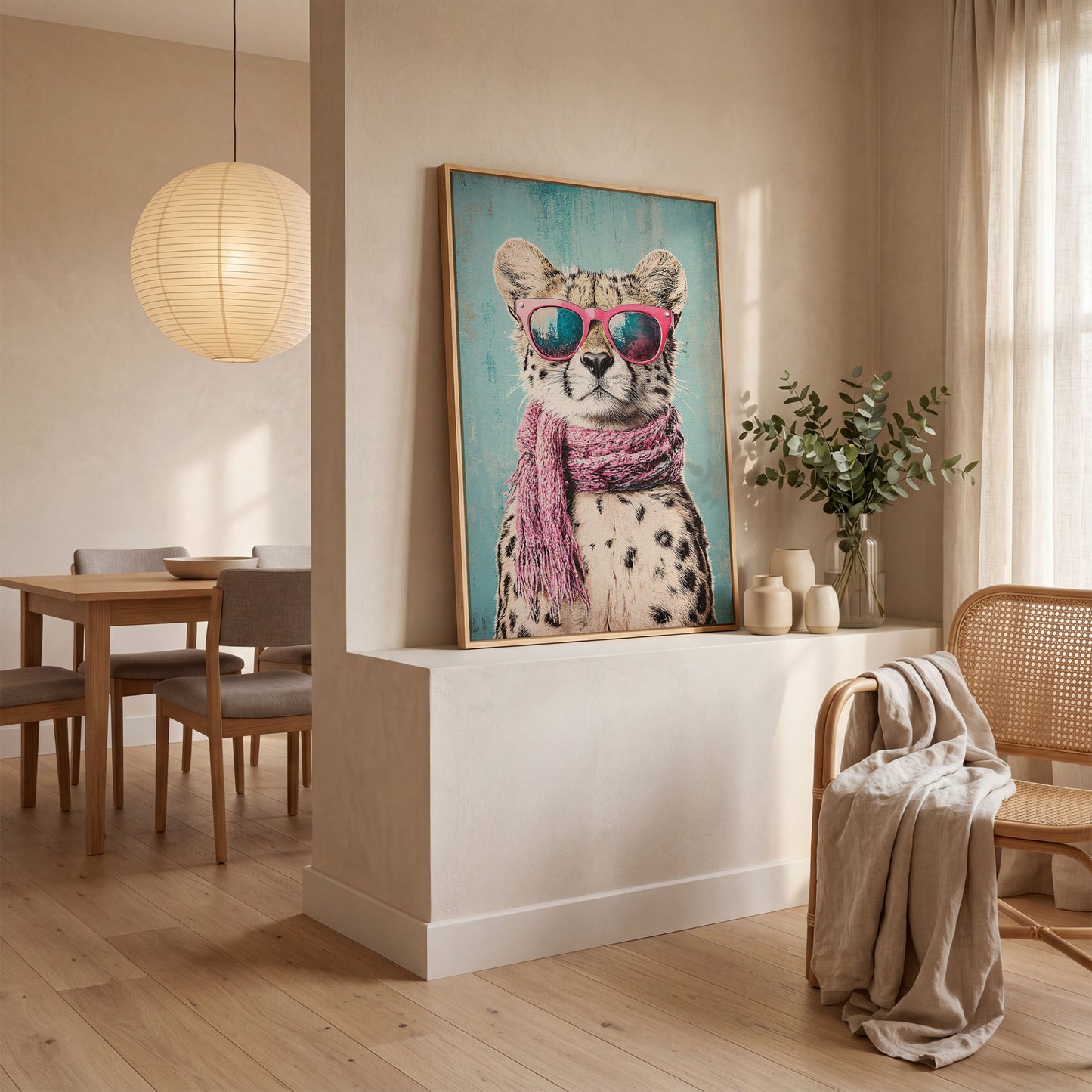 Chic Cheetah with Sunglasses Canvas Print in white oak floating frame