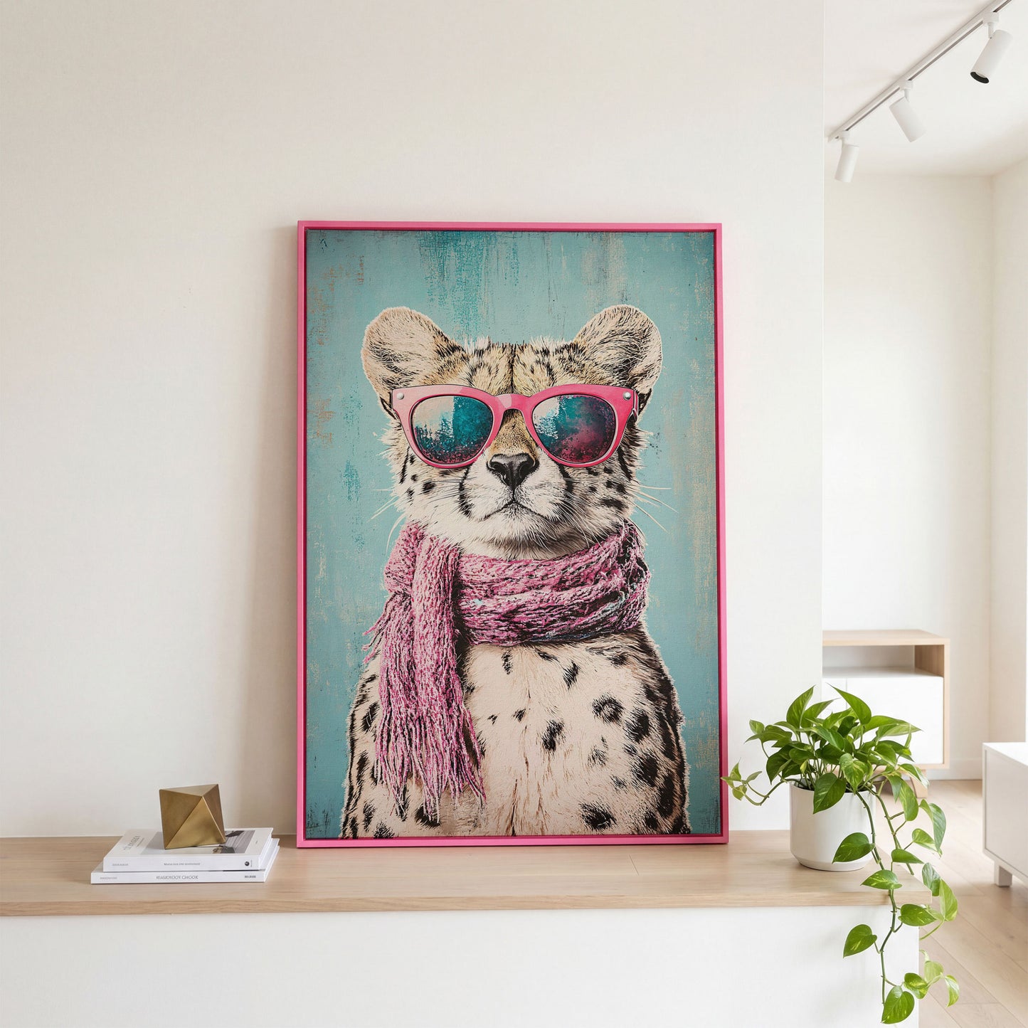 Chic Cheetah with Sunglasses Canvas Print in pink floating frame