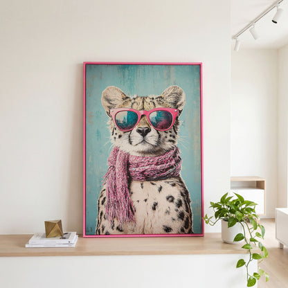 Chic Cheetah with Sunglasses Canvas Print in pink floating frame