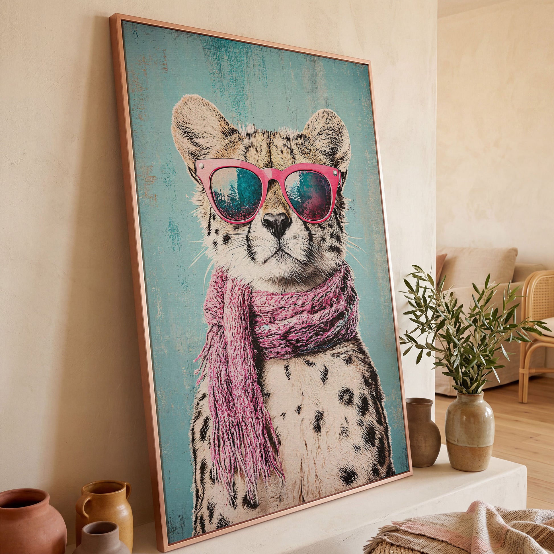 Chic Cheetah with Sunglasses Canvas Print in rose gold floating frame