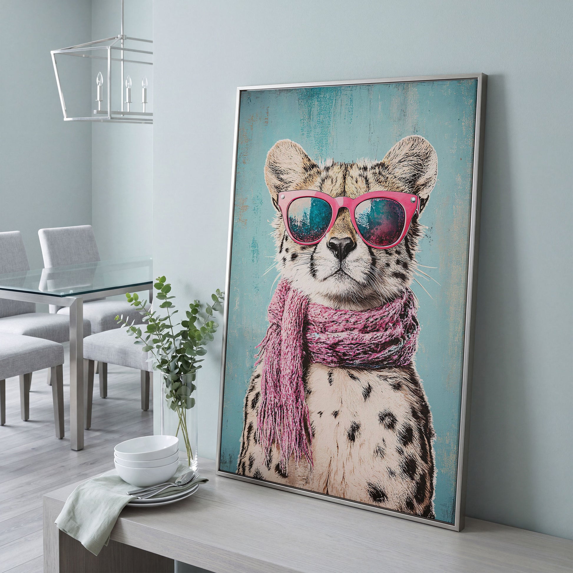 Chic Cheetah with Sunglasses Canvas Print in silver floating frame