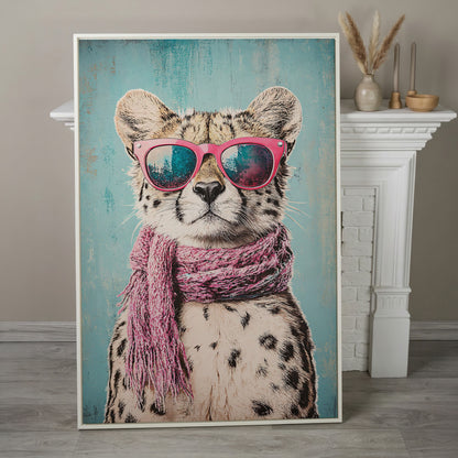 Chic Cheetah with Sunglasses Canvas Print in white floating frame
