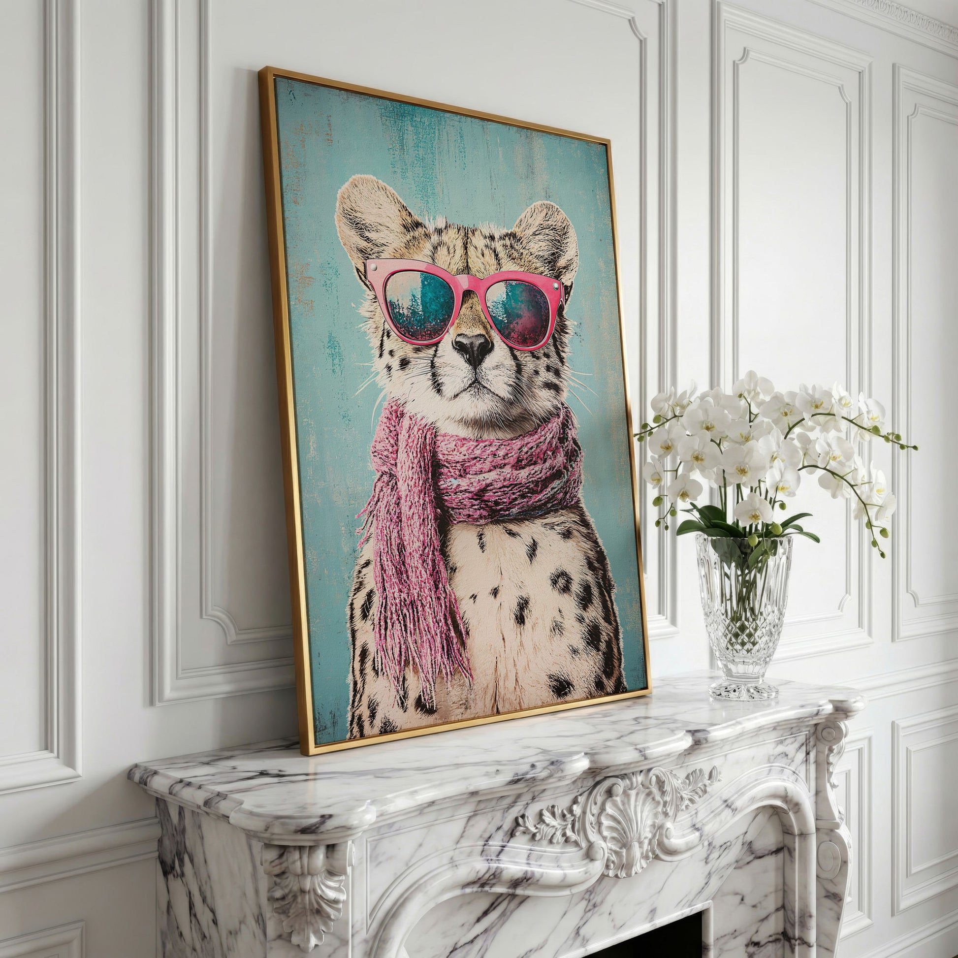 Chic Cheetah with Sunglasses Canvas Print in yellow gold floating frame