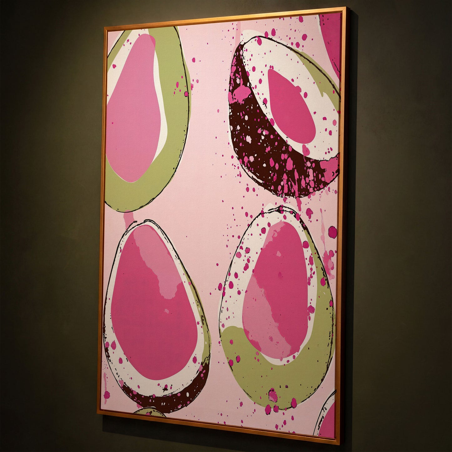 Pink Avocado Abstract Canvas shown in antique gold floating frame