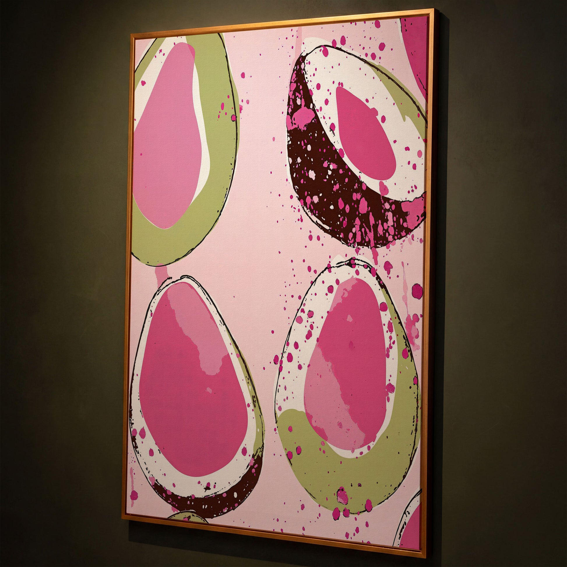 Pink Avocado Abstract Canvas shown in antique gold floating frame