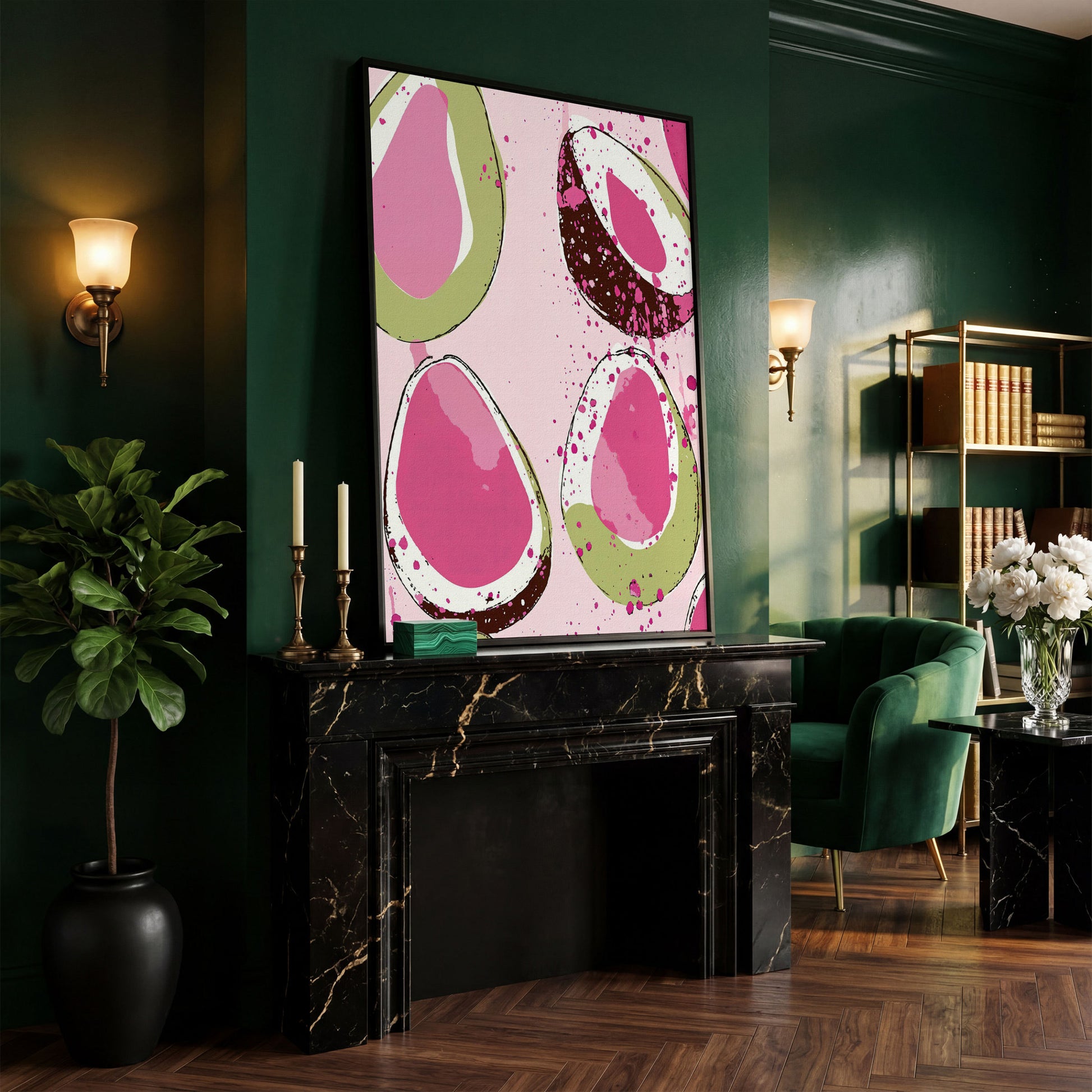 Pink Avocado Abstract Canvas in black floating frame