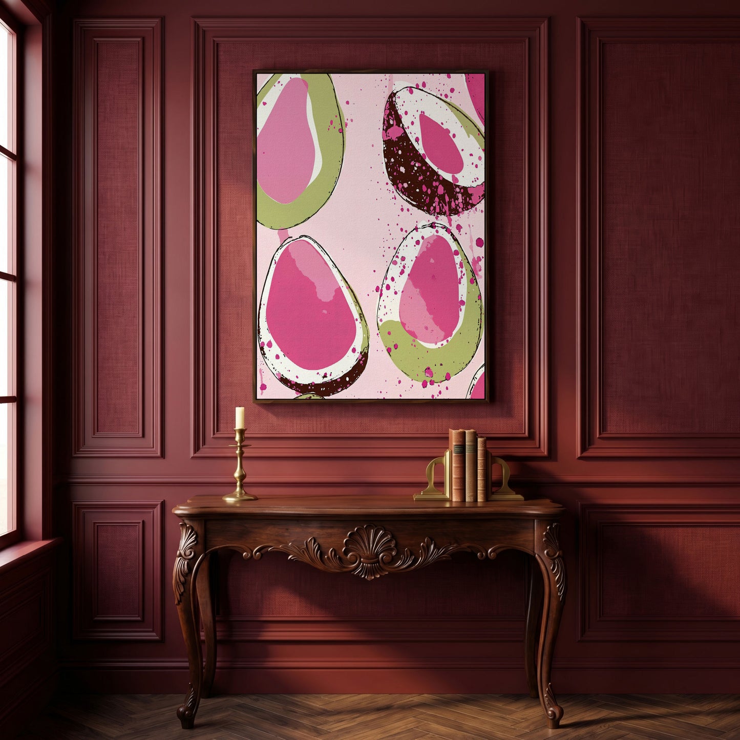 Pink Avocado Abstract Canvas in dark walnut floating frame