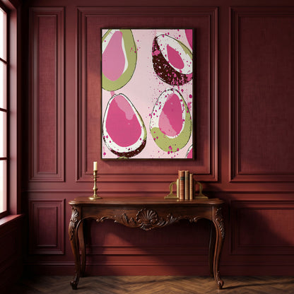 Pink Avocado Abstract Canvas in dark walnut floating frame