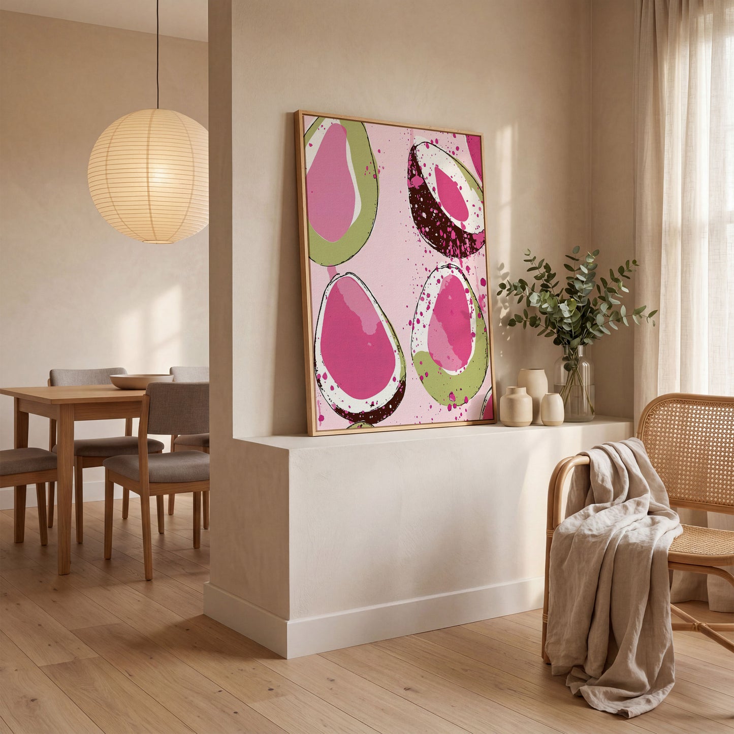 Pink Avocado Abstract Canvas in white oak floating frame