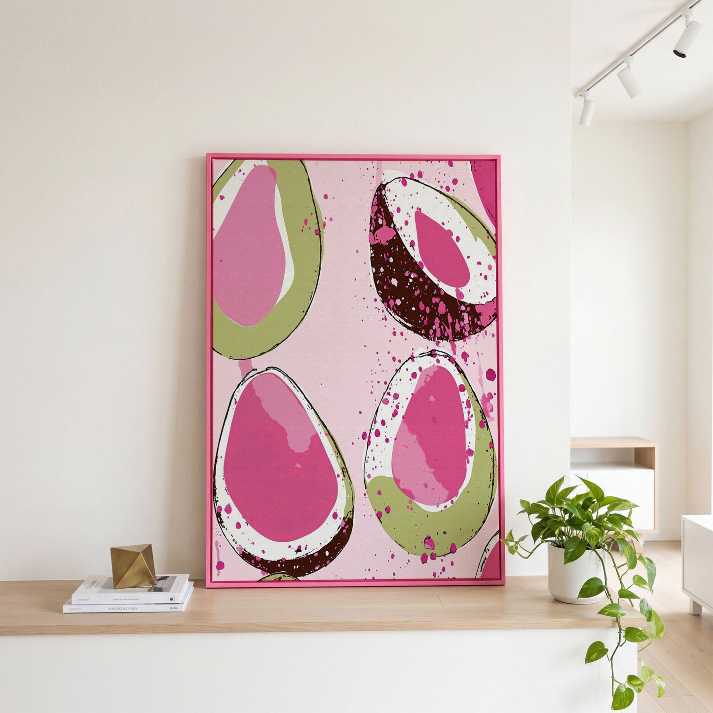 Pink Avocado Abstract Canvas in pink floating frame