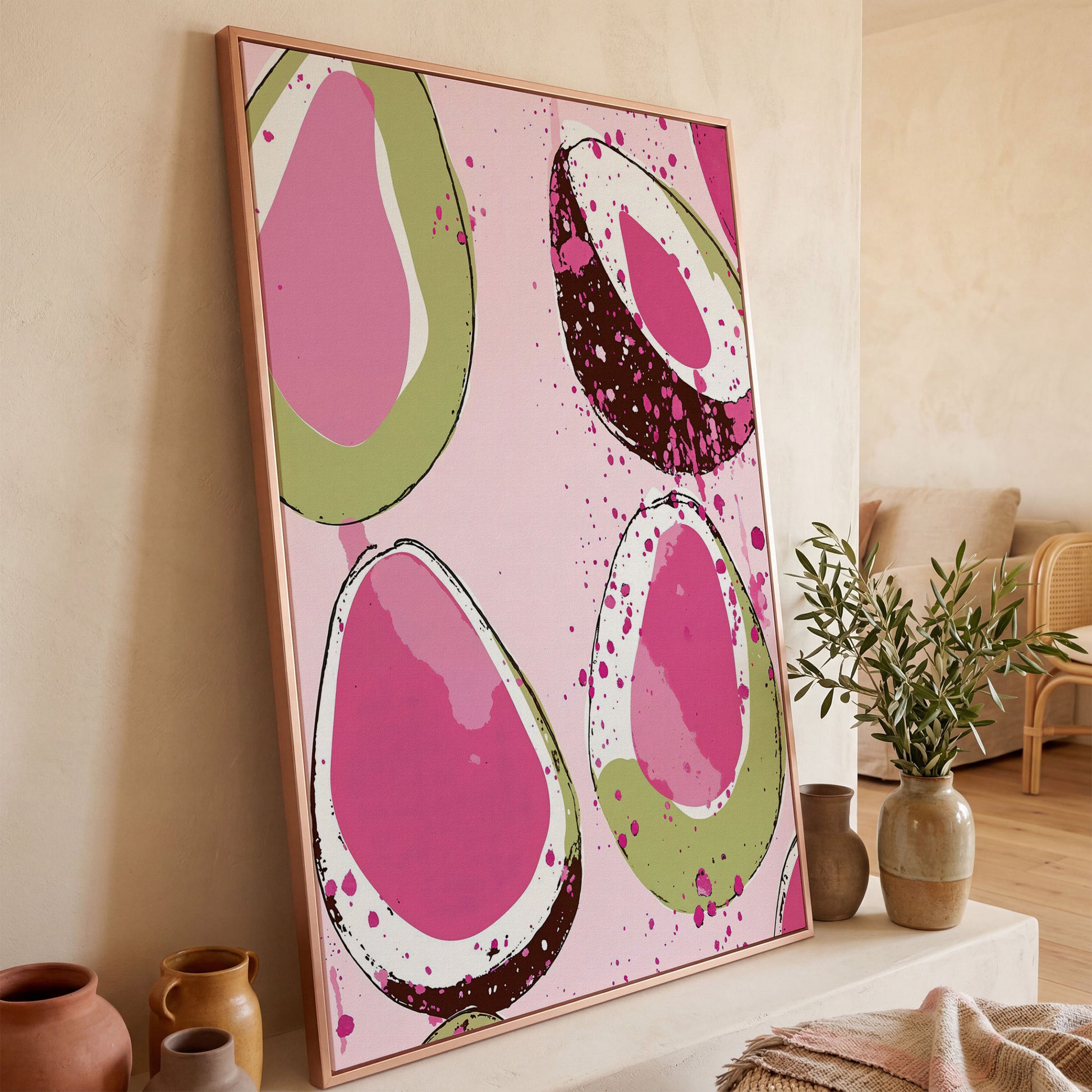 Pink Avocado Abstract Canvas in rose gold floating frame