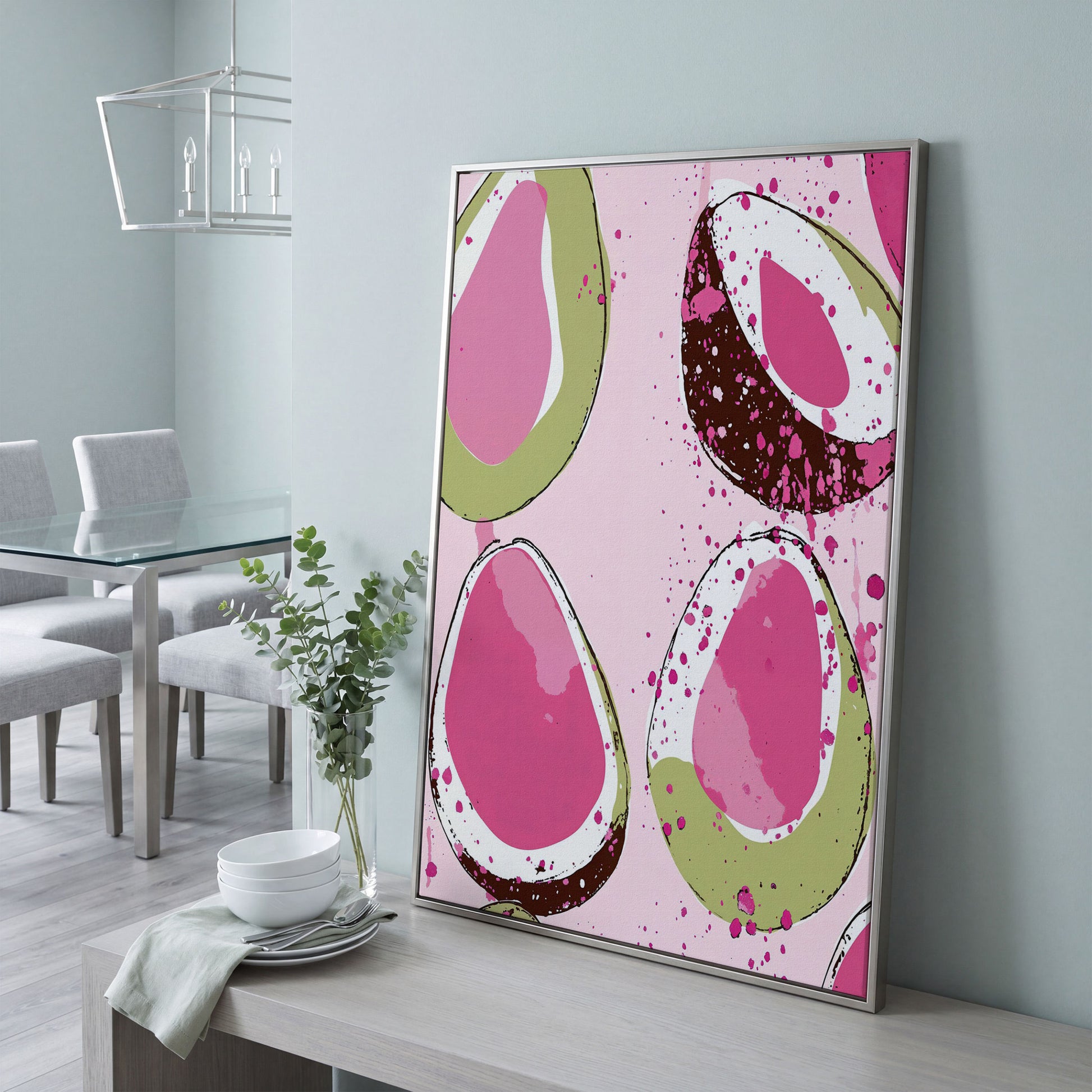 Pink Avocado Abstract Canvas in silver floating frame