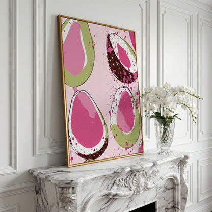 Pink Avocado Abstract Canvas in yellow gold floating frame
