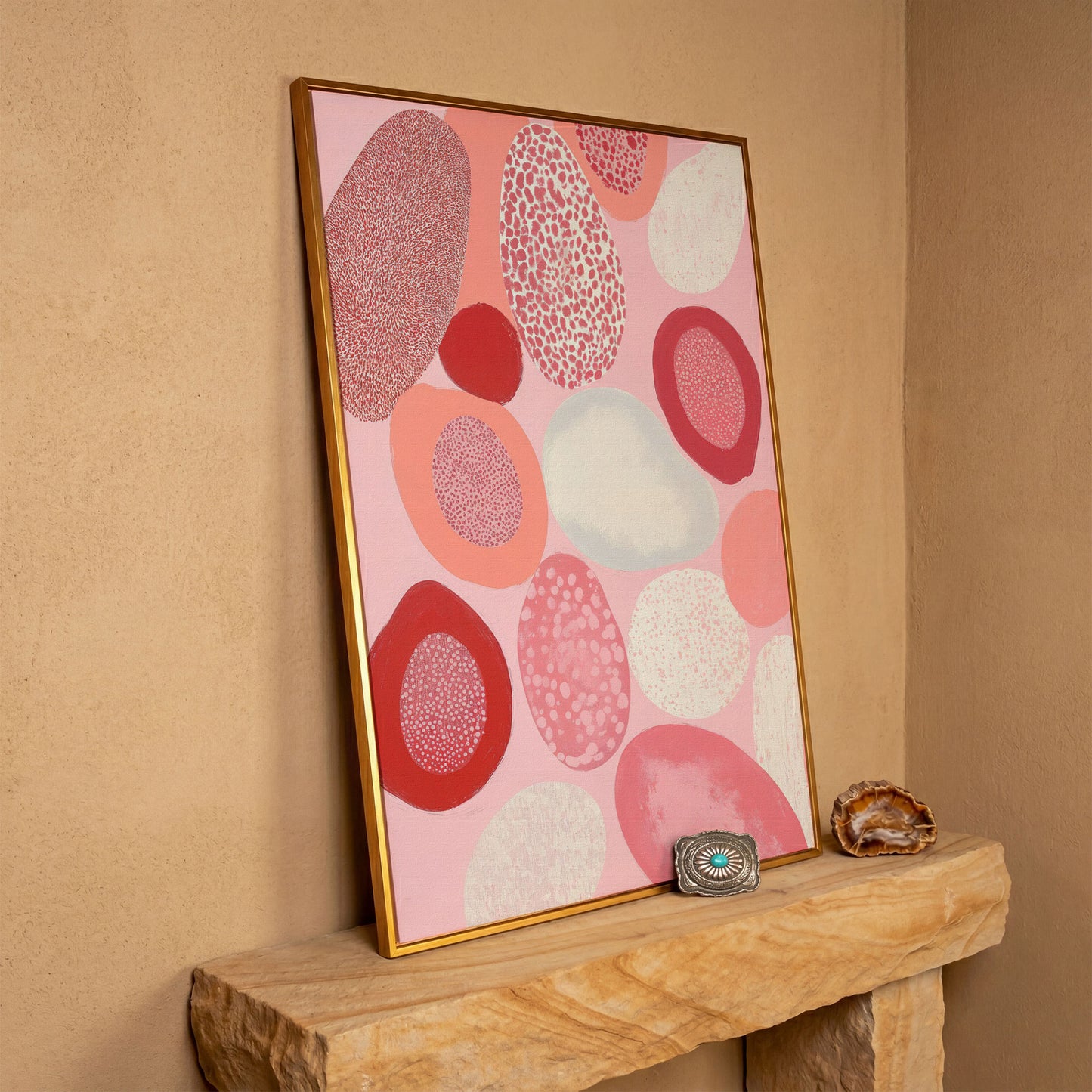 Pink Abstract Pebbles Canvas Print in antique gold floating frame