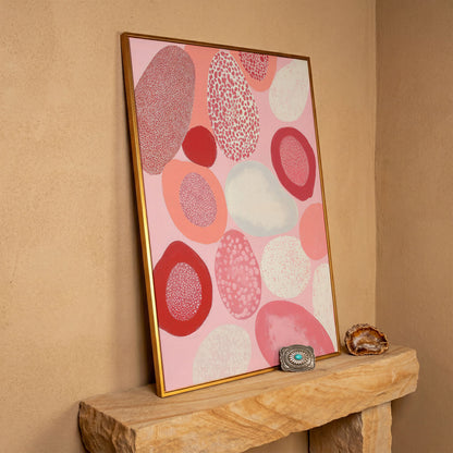 Pink Abstract Pebbles Canvas Print in antique gold floating frame