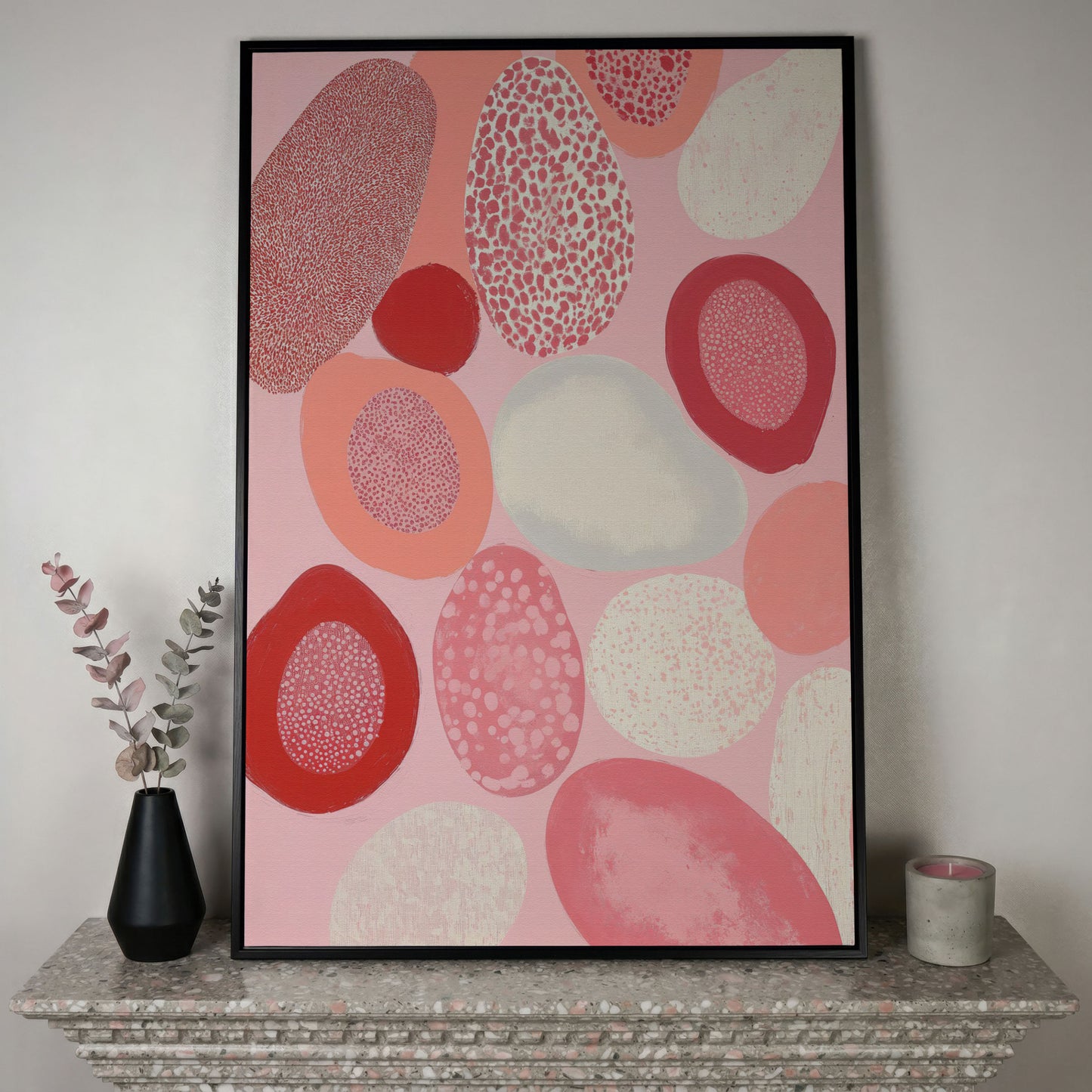 Pink Abstract Pebbles Canvas Print in black floating frame