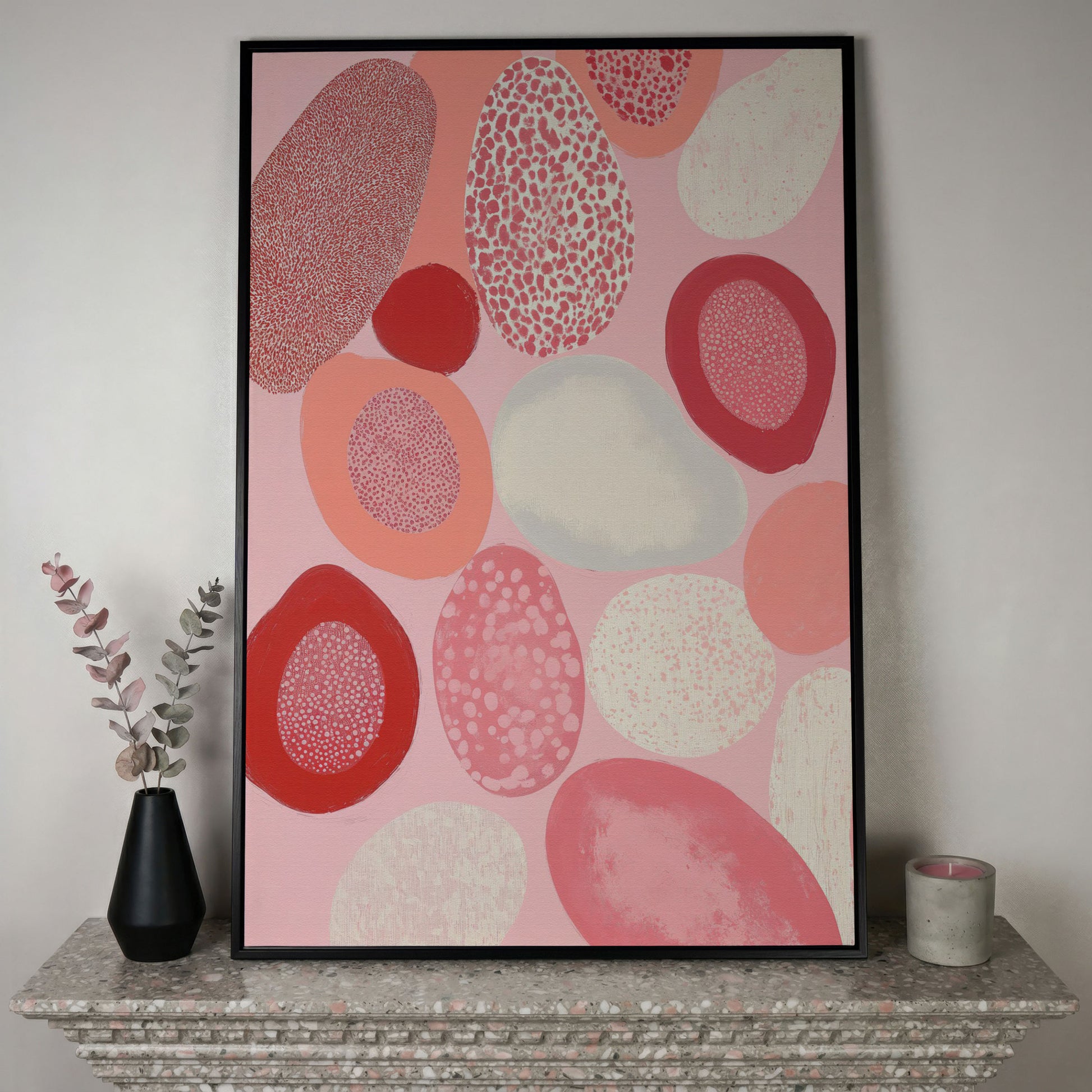 Pink Abstract Pebbles Canvas Print in black floating frame