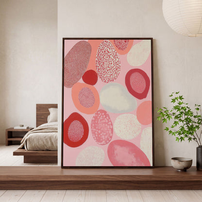 Pink Abstract Pebbles Canvas Print in dark walnut floating frame