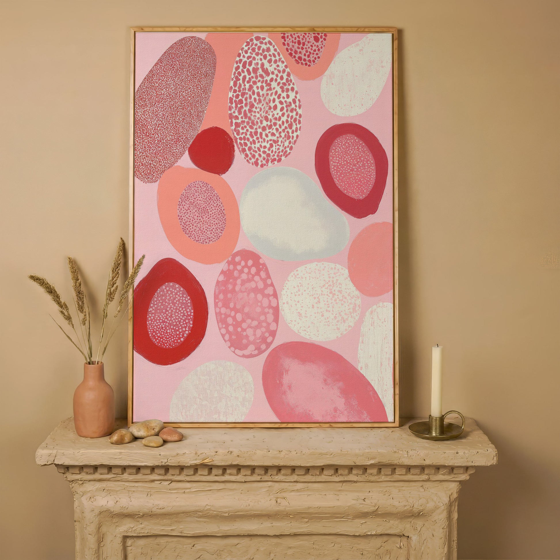 Pink Abstract Pebbles Canvas Print in white oak floating frame