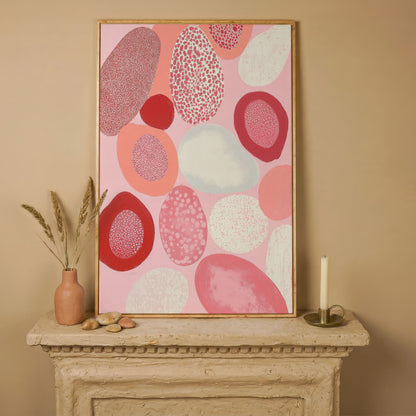Pink Abstract Pebbles Canvas Print in white oak floating frame