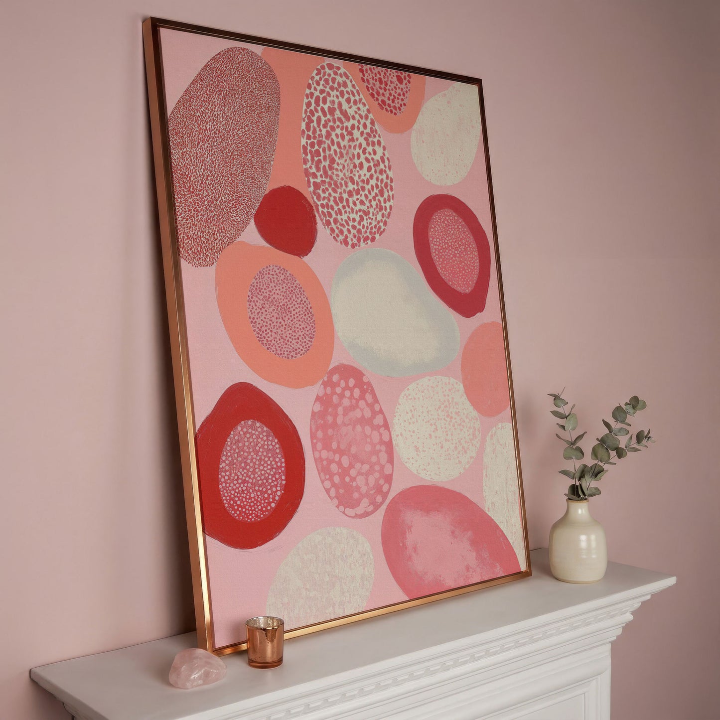 Pink Abstract Pebbles Canvas Print in rose gold floating frame