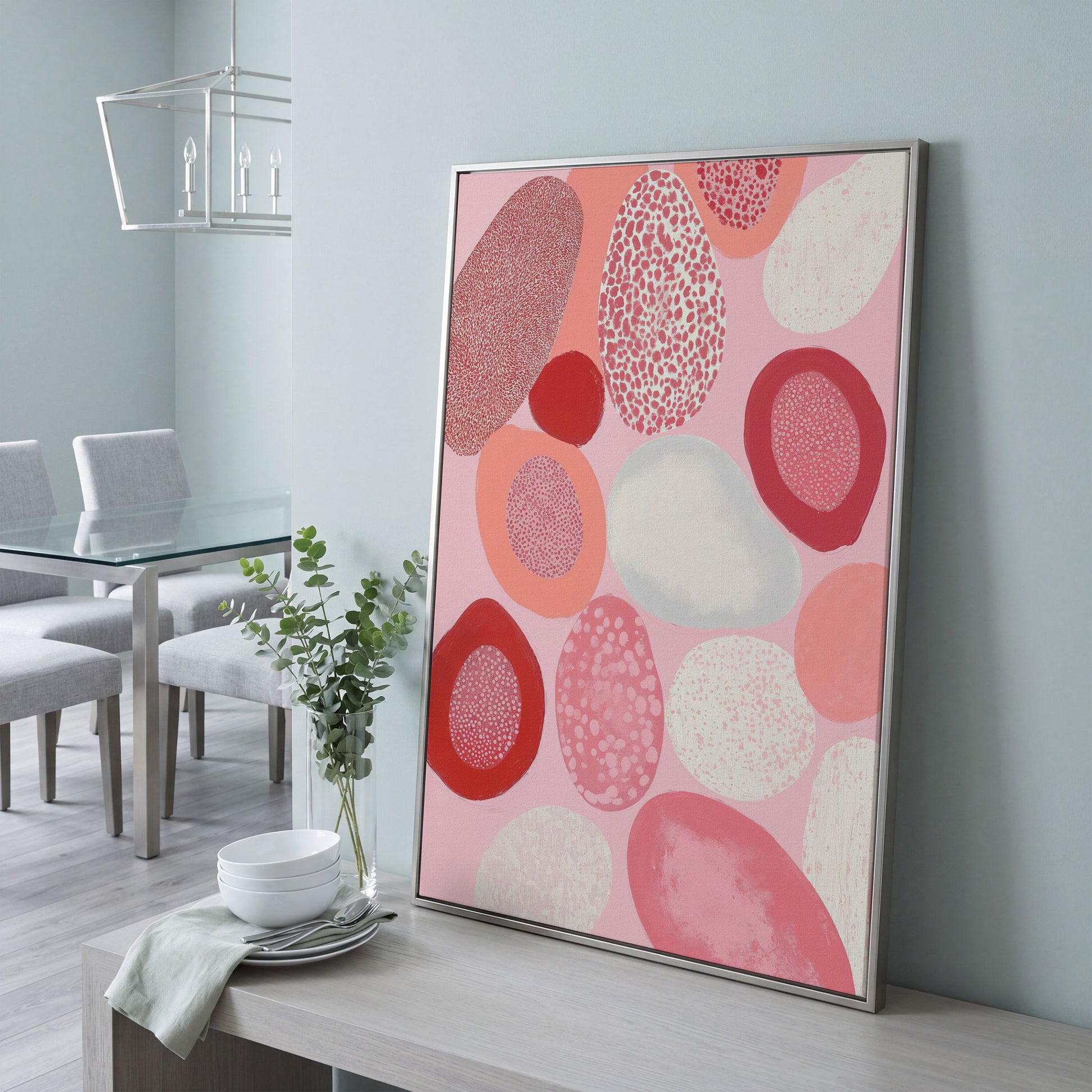 Pink Abstract Pebbles Canvas Print in silver floating frame