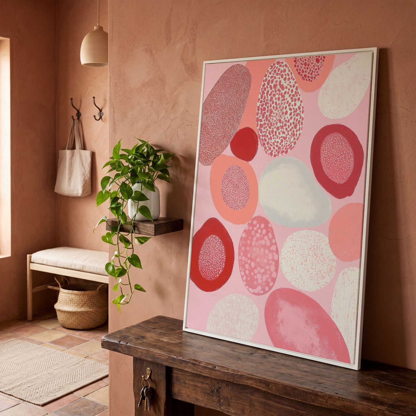 Pink Abstract Pebbles Canvas Print in white floating frame