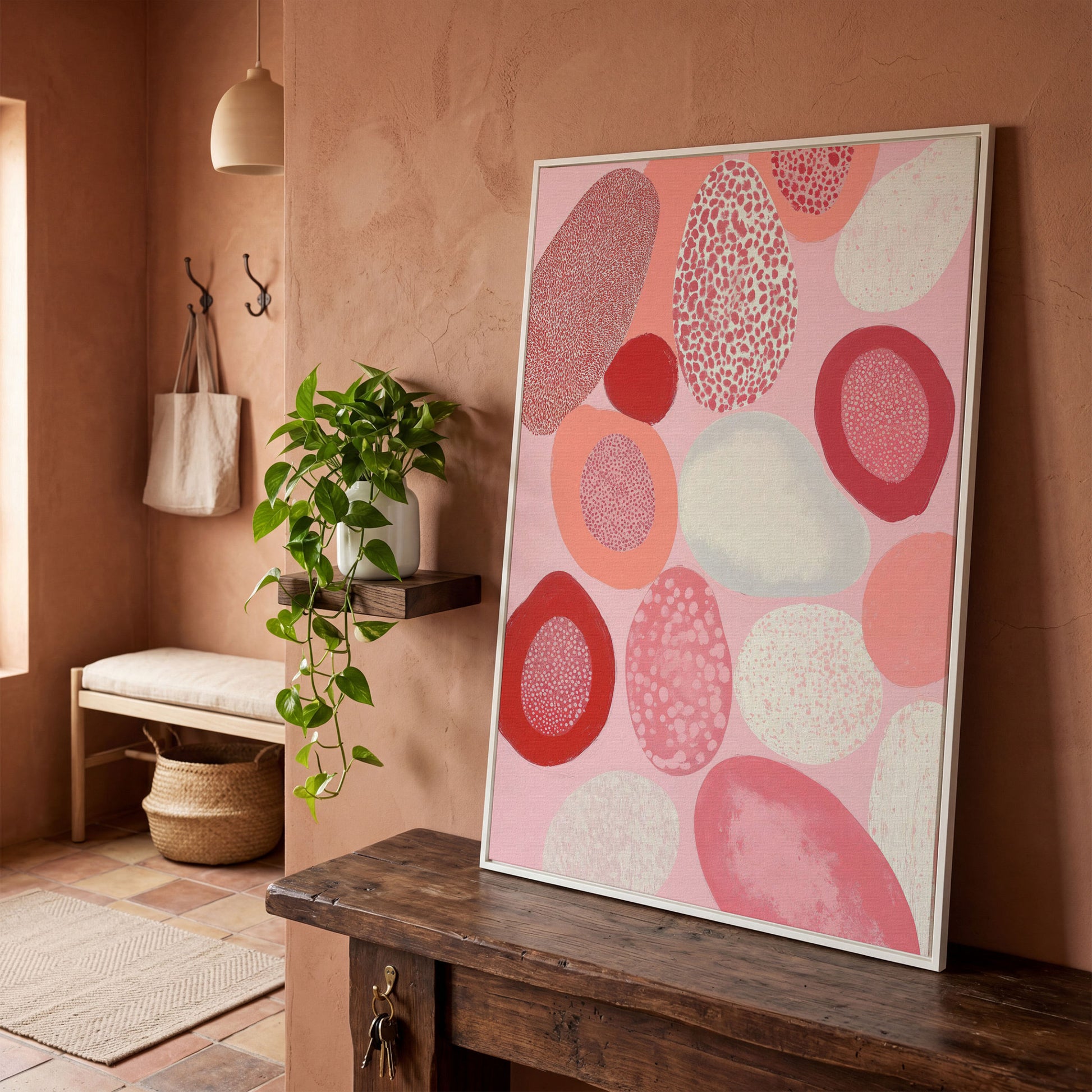 Pink Abstract Pebbles Canvas Print in white floating frame
