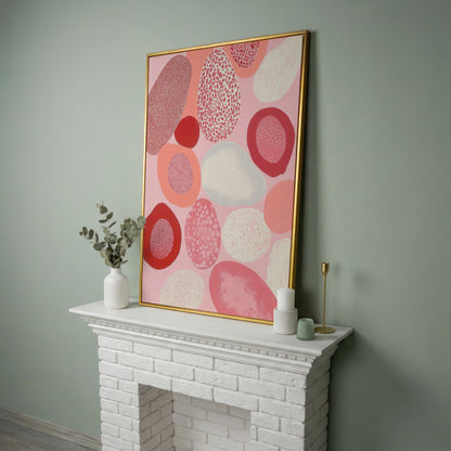 Pink Abstract Pebbles Canvas Print in yellow gold floating frame