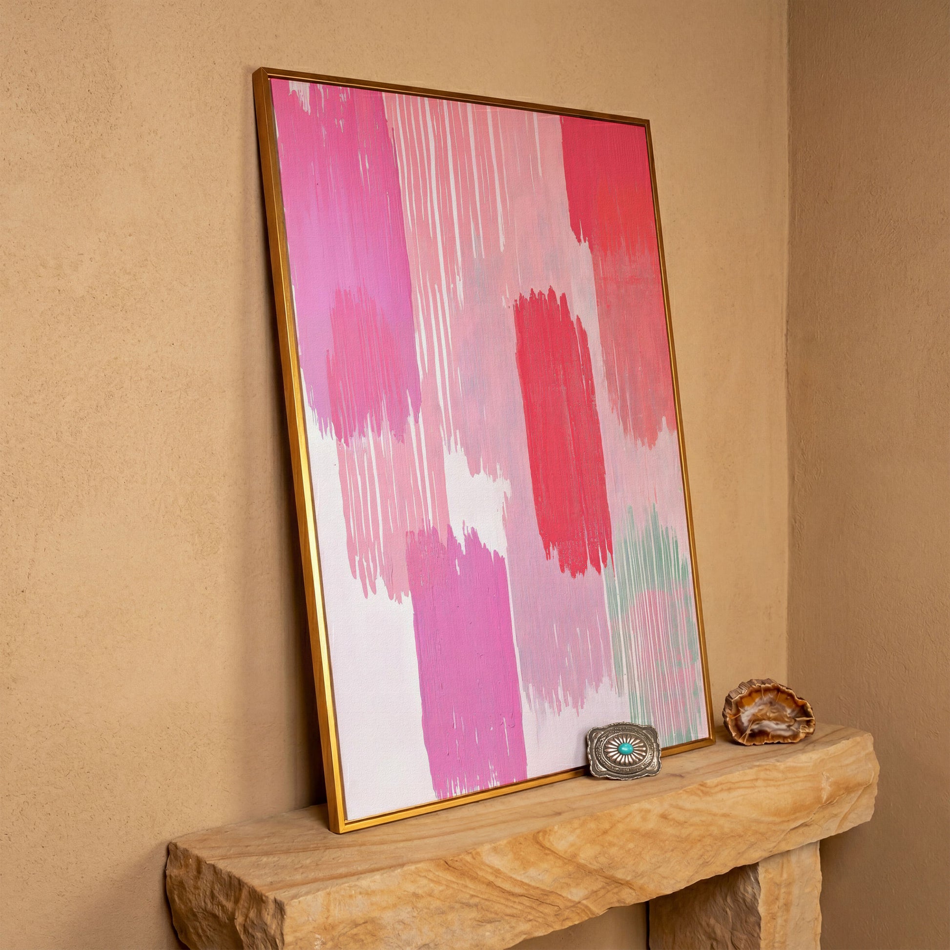 Pink Brushstrokes Canvas Print in antique gold floating frame