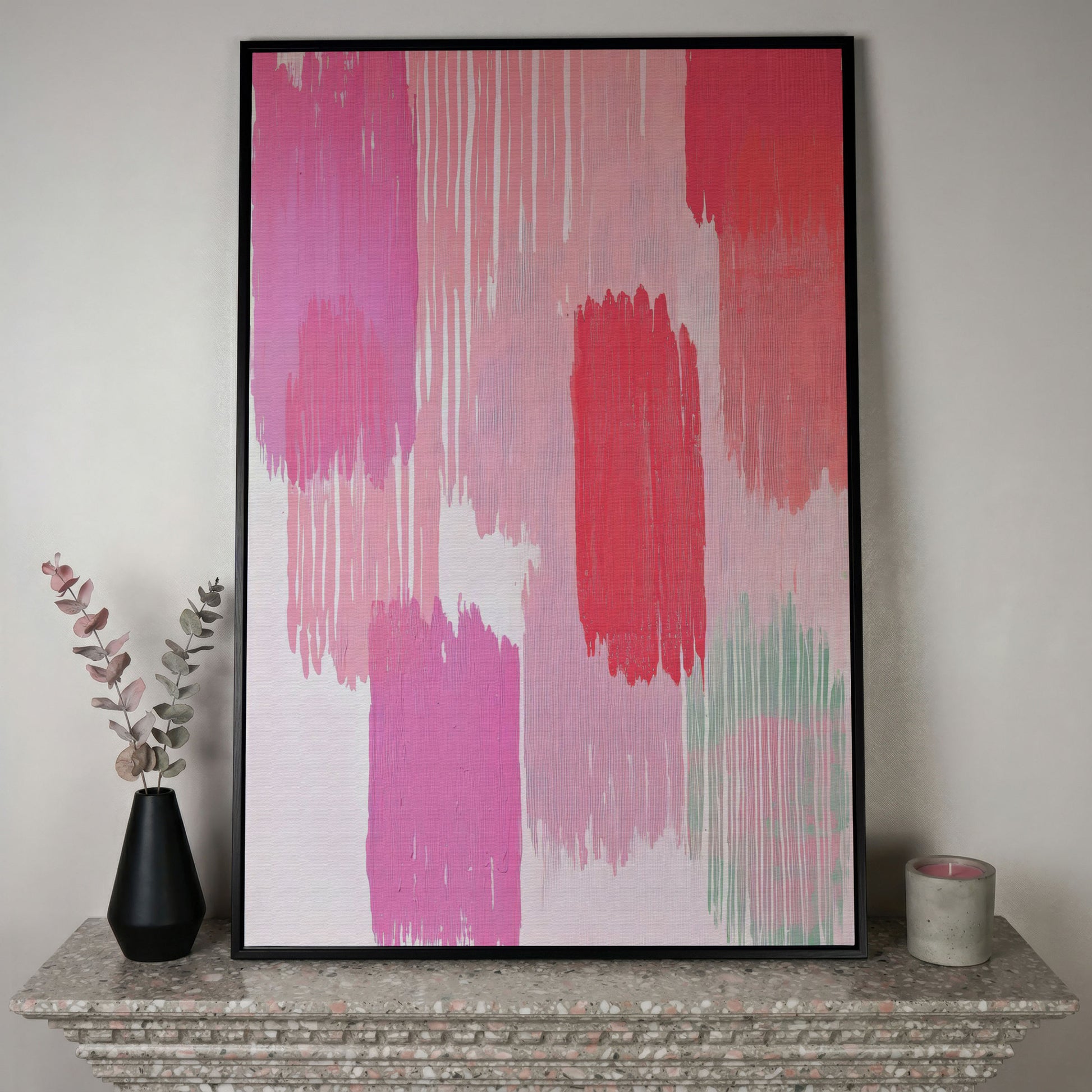 Pink Brushstrokes Canvas Print in black floating frame