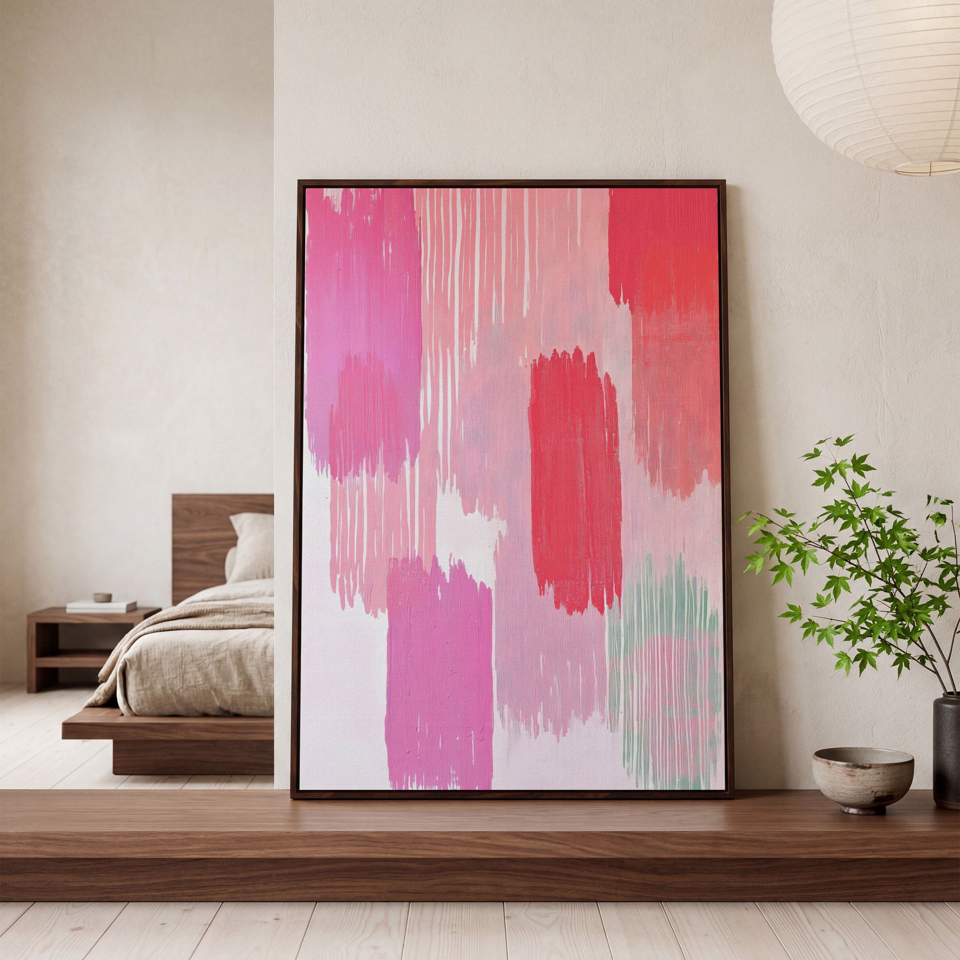 Pink Brushstrokes Canvas Print in dark walnut floating frame