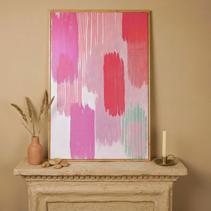 Pink Brushstrokes Canvas Print in white oak floating frame