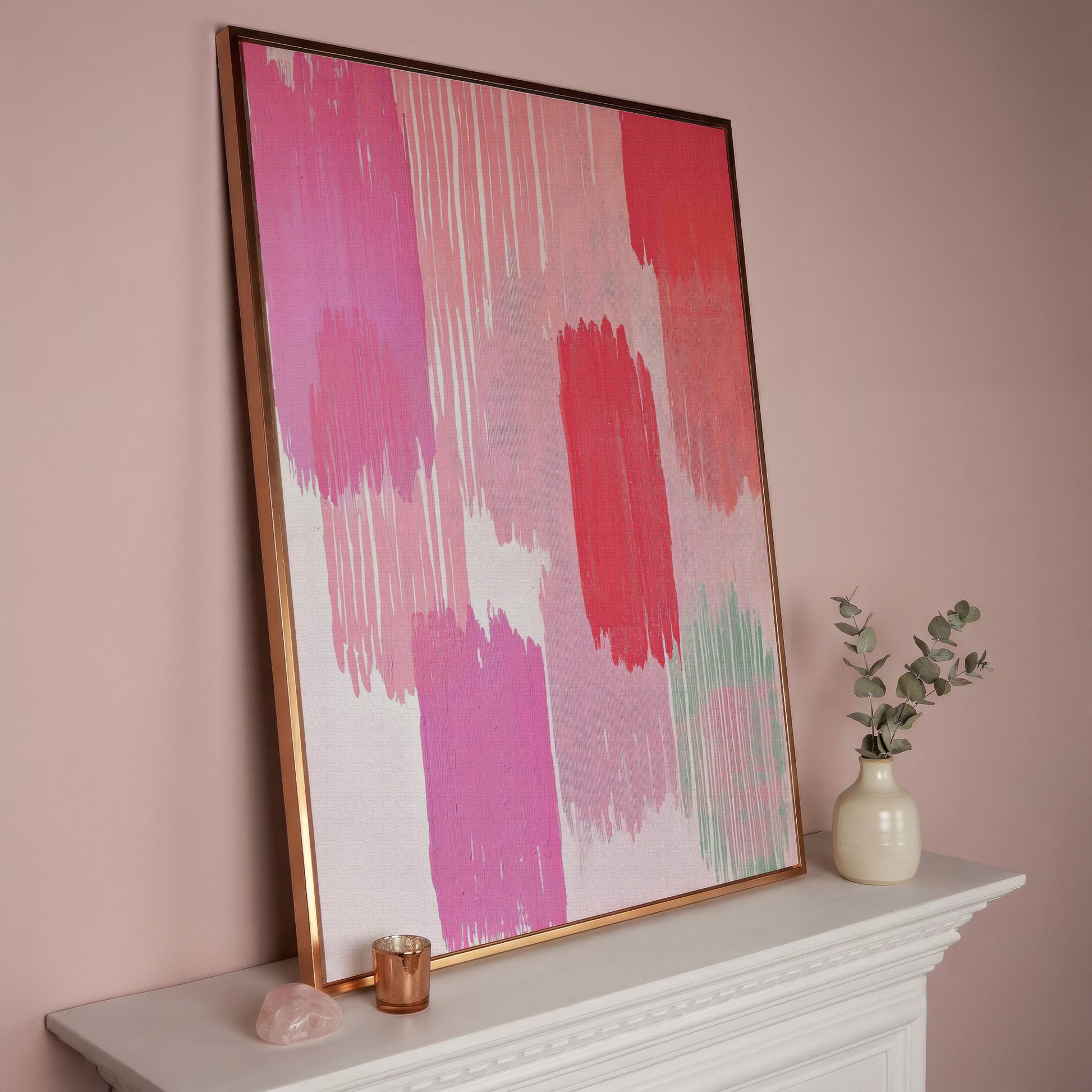Pink Brushstrokes Canvas Print in rose gold floating frame