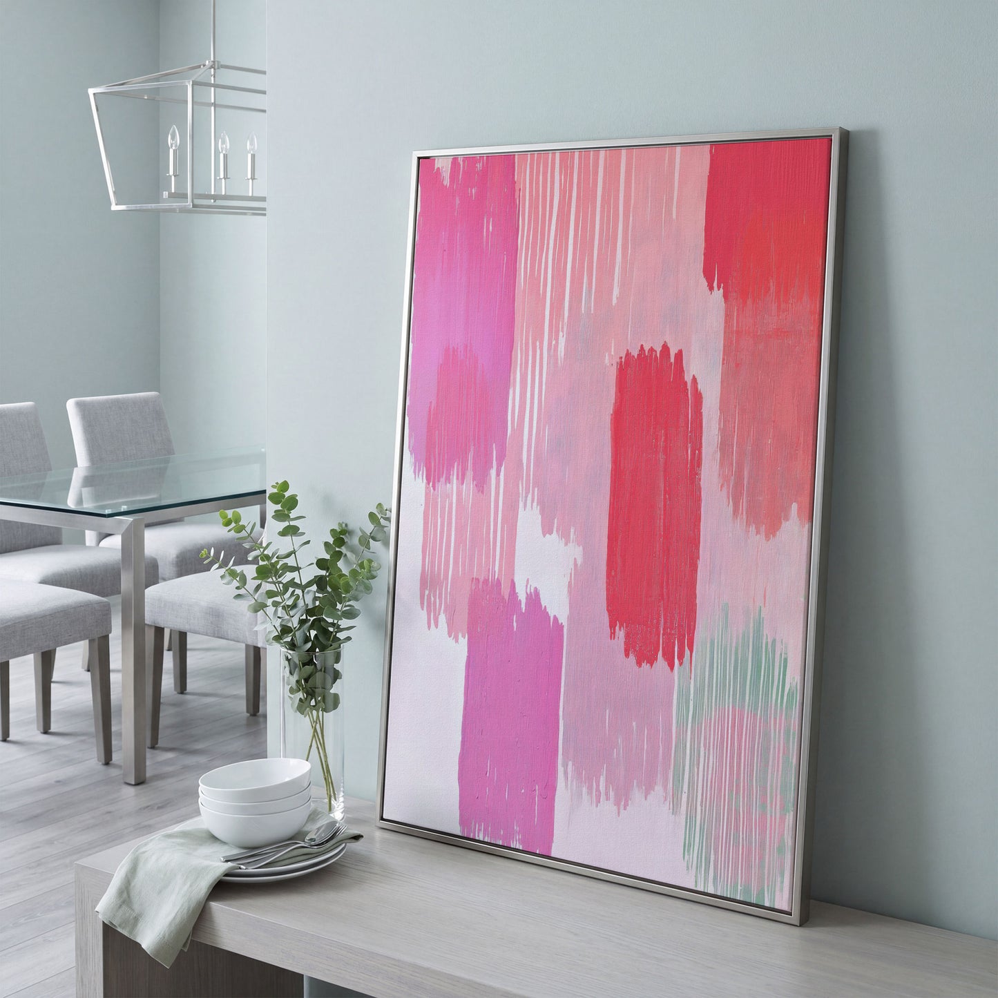 Pink Brushstrokes Canvas Print in silver floating frame